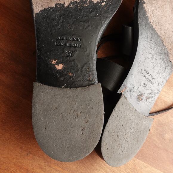 Club Monaco Sandals WMS SZ EU 37 US 6.5 BLK Leather Ankle Wrap Flat Boho Shoes - Picture 12 of 14